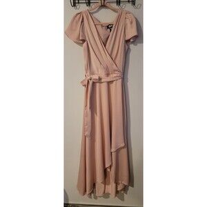 Dkny Women's Sz 14 Satin Faux-Wrap Gown Bluch Pink Flutter Sleeve Maxi Dress NWT